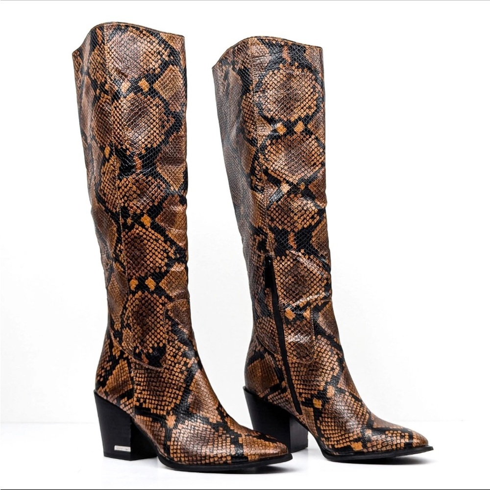 Calvin Klein Women Massie Snake Print Vegan Leather Fashion Knee Boots
